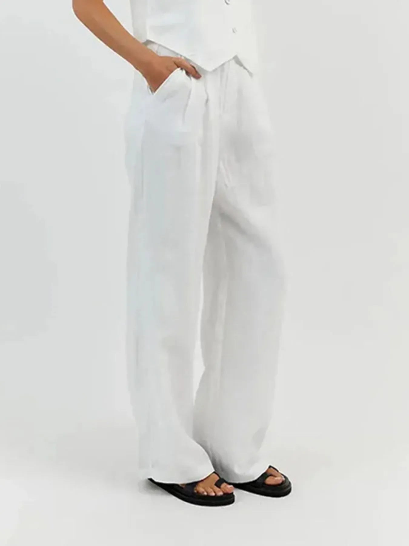 Full Size V-Neck Vest and Wide Leg Pants Set Plus Size