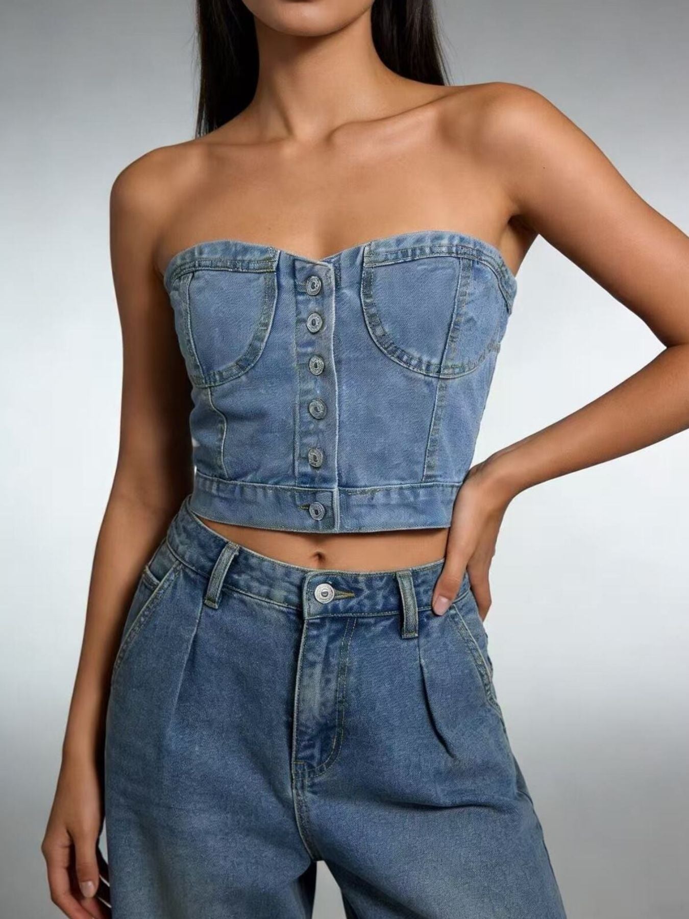 Button-Front Denim Tube Top