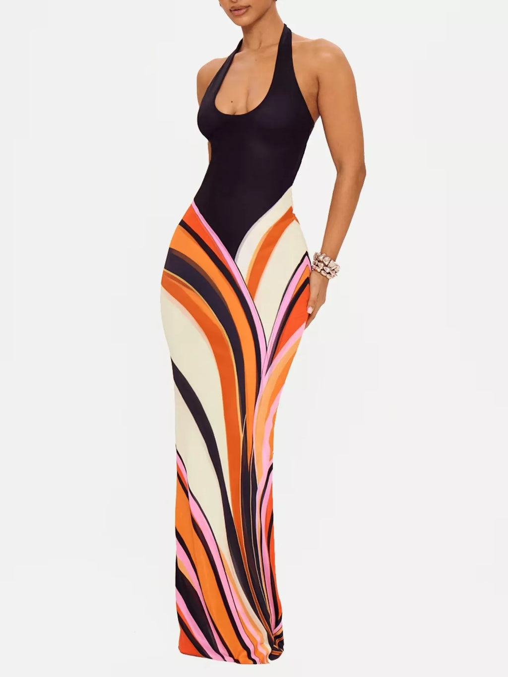 Halter Neck Maxi Dress with Abstract Print