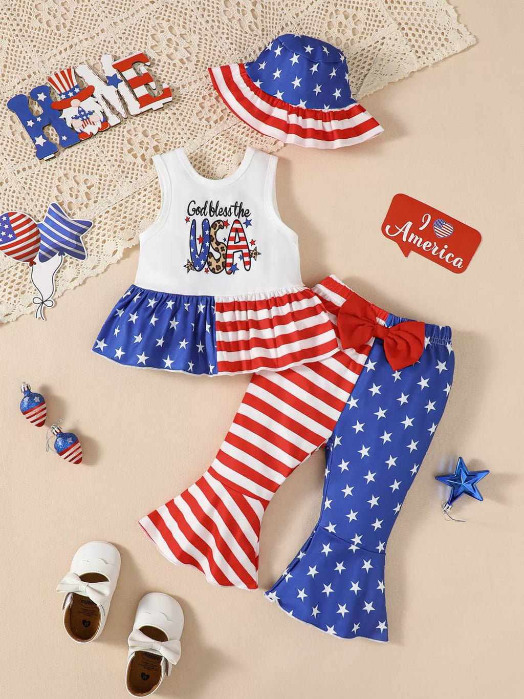 Children's Patriotic Tank and Pants Outfit Set with Hat