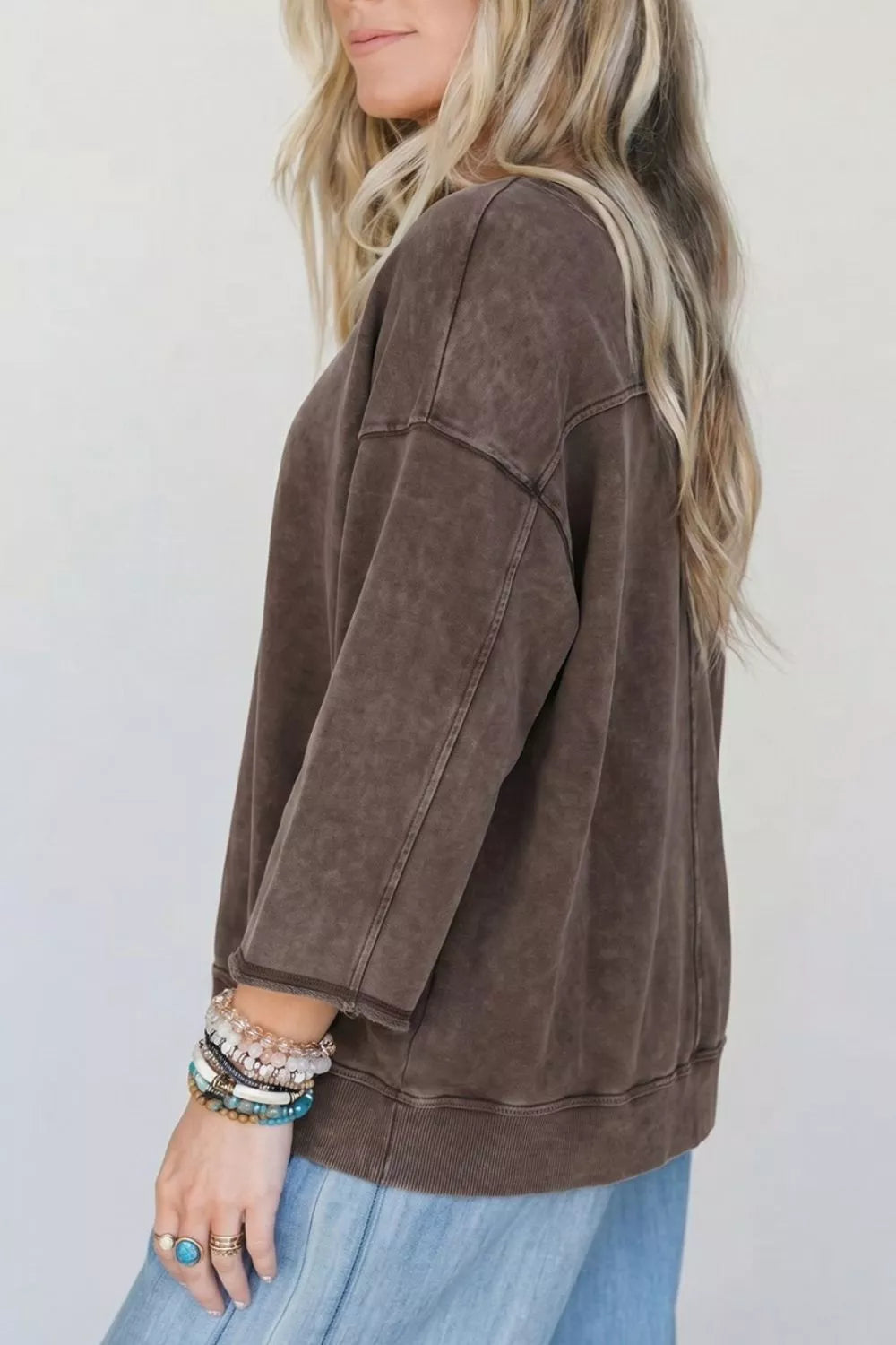 3/4 Sleeve Mineral Wash Loose Cotton Top