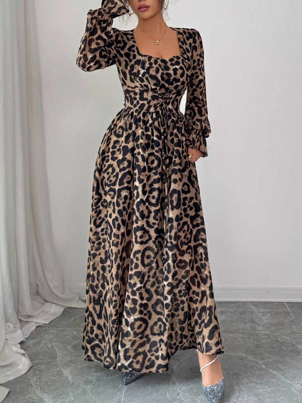Leopard Sweetheart Neck Flounce Sleeve Maxi Dress