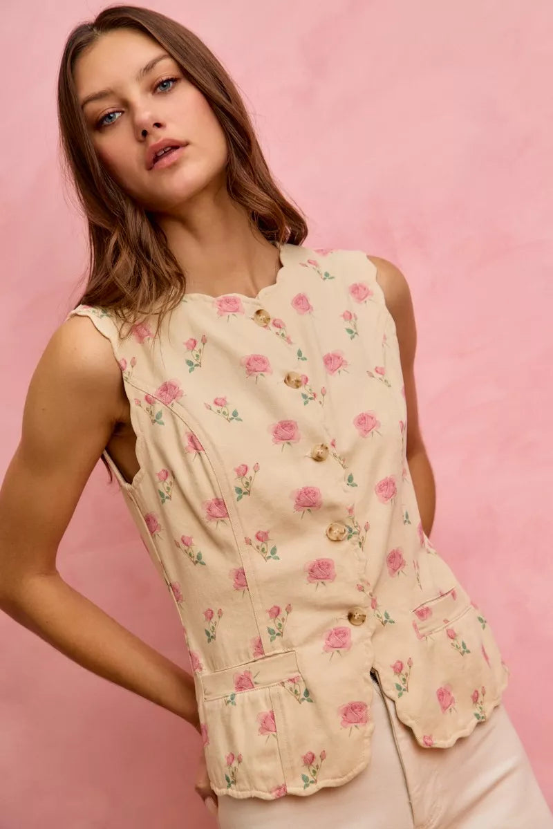 SO ME Floral Rose Cotton Twill Scallop Button Vest Top
