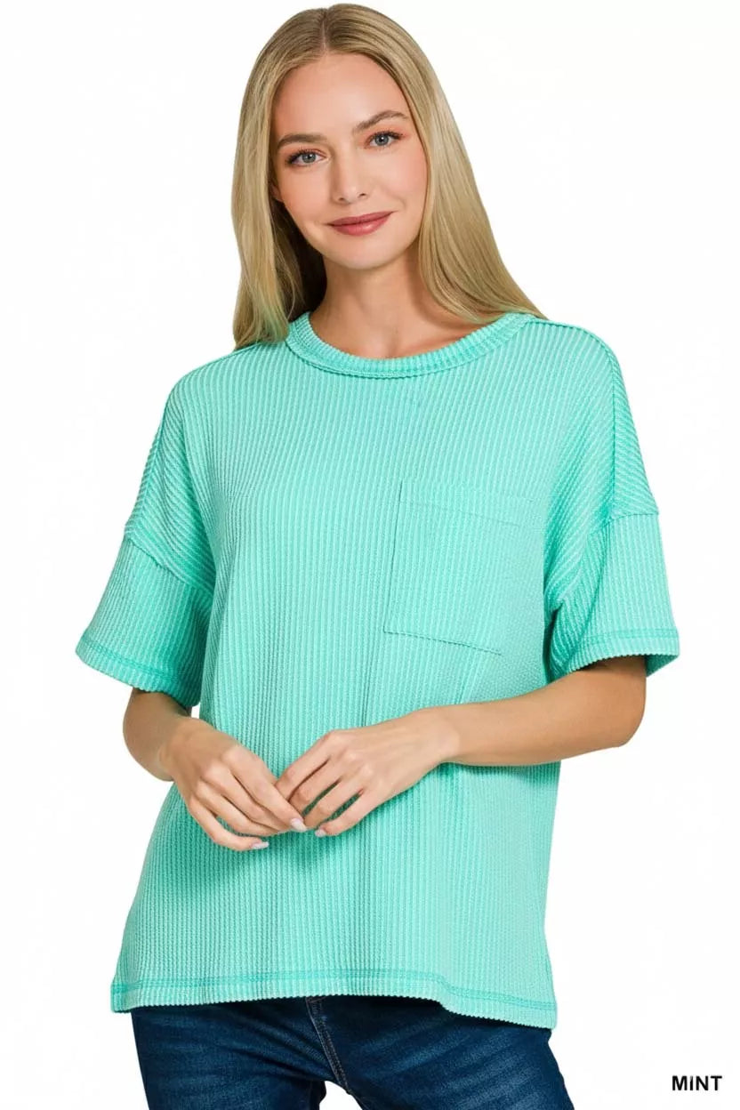 Zenana Raised Rib Exposed Seam Short Sleeve Top