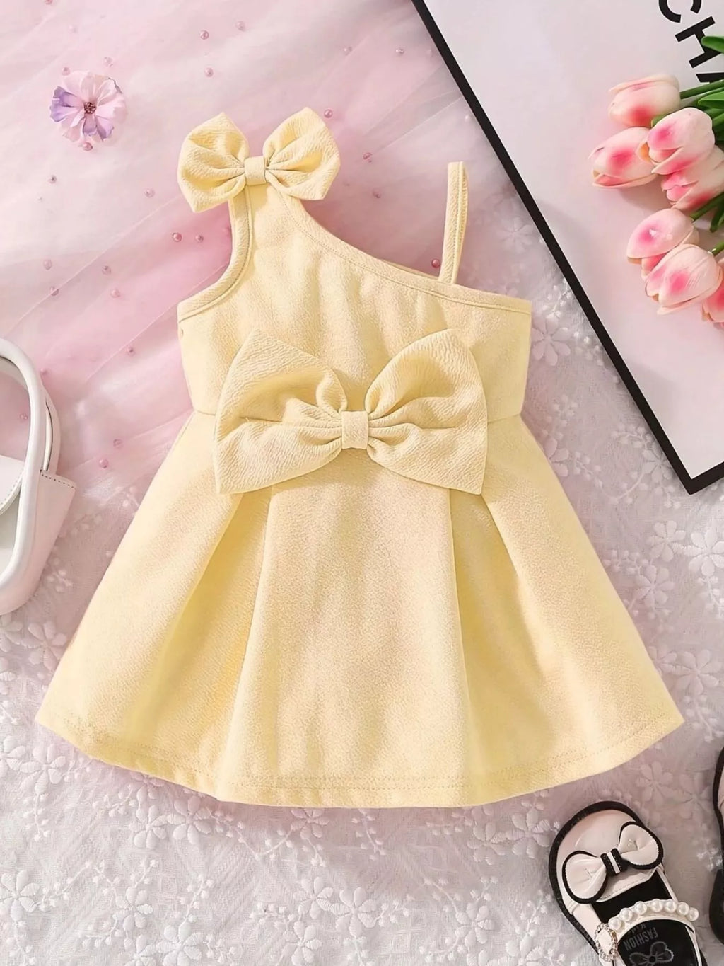 Children's Bow Asymmetrical Shoulder Dress