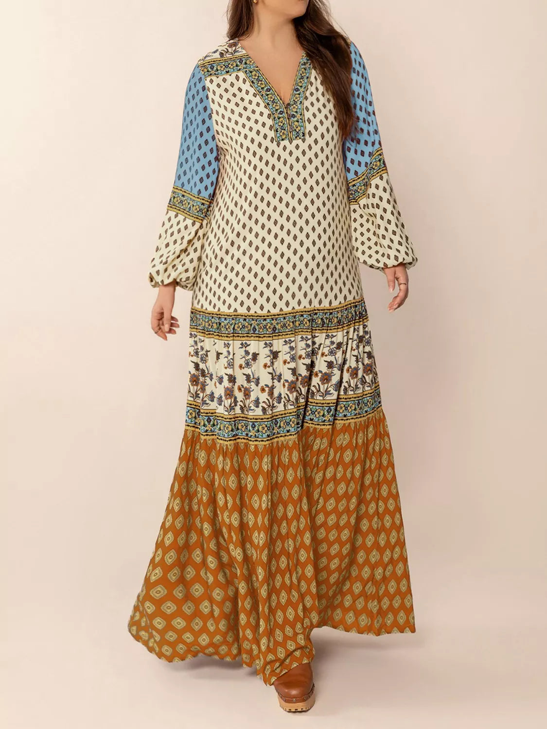 Bohemian Mixed Print Long Sleeve Maxi Dress