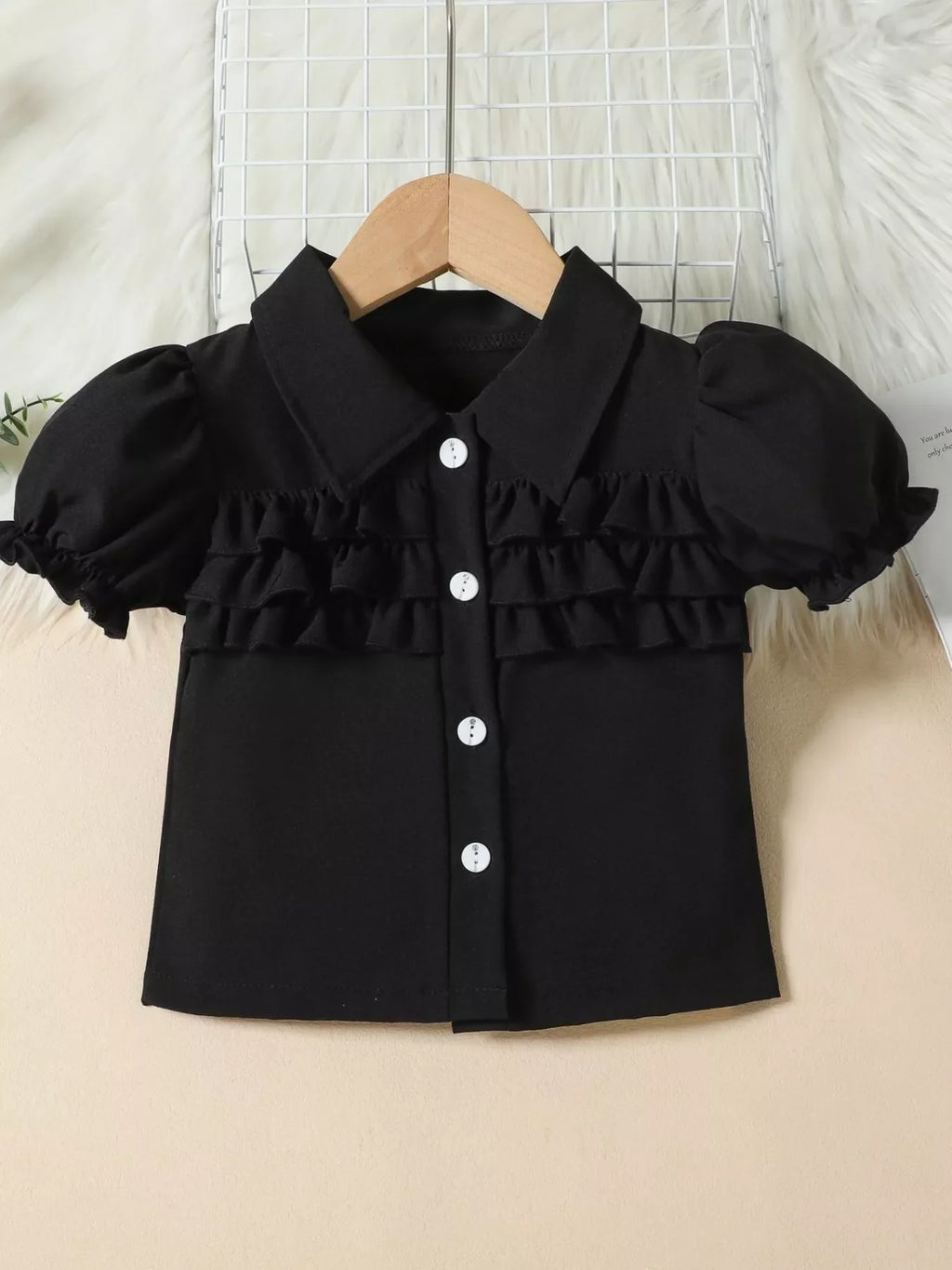Children's Ruffle Trim Puff Sleeve Top & Pleated Skirt Set