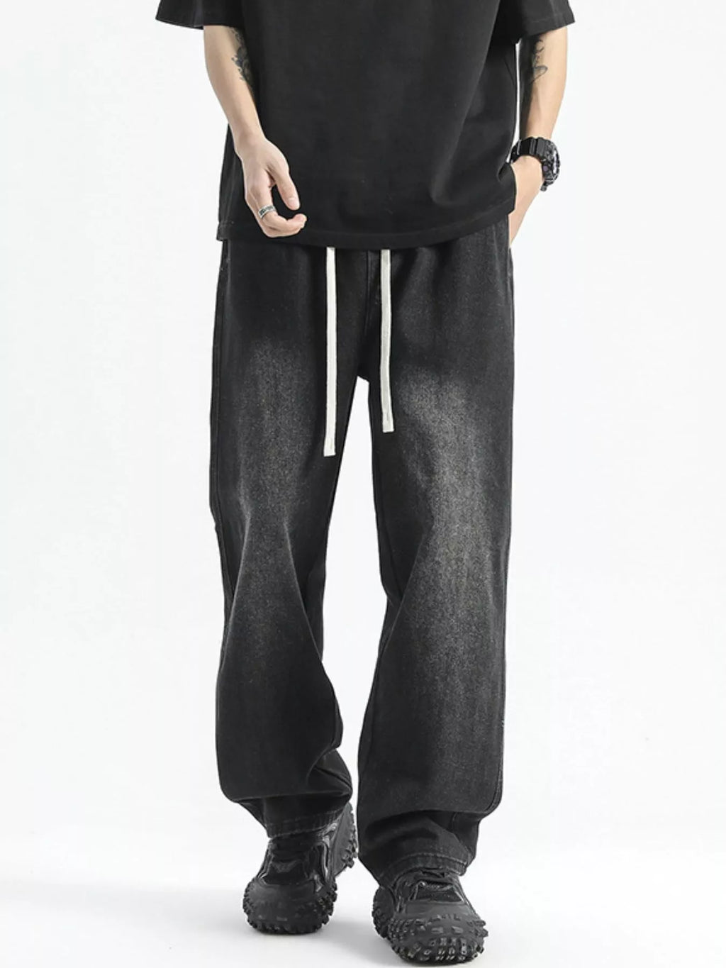 Men's Full Size Washed Wide Leg Drawstring Jeans Plus Size