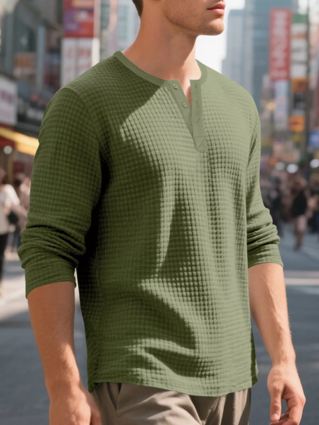 Men's Plus Size Casual Waffle Knit Henley T-Shirt