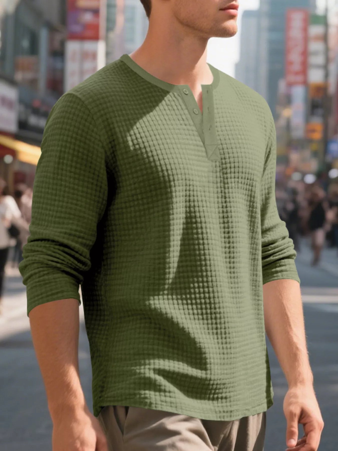Men's Plus Size Casual Waffle Knit Henley T-Shirt