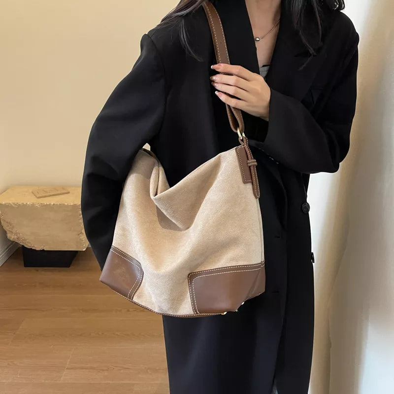 Suede Tote Bag with Leather Trim