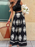 One-Shoulder Ruffled Crop Top and Wide-Leg Printed Pants Set