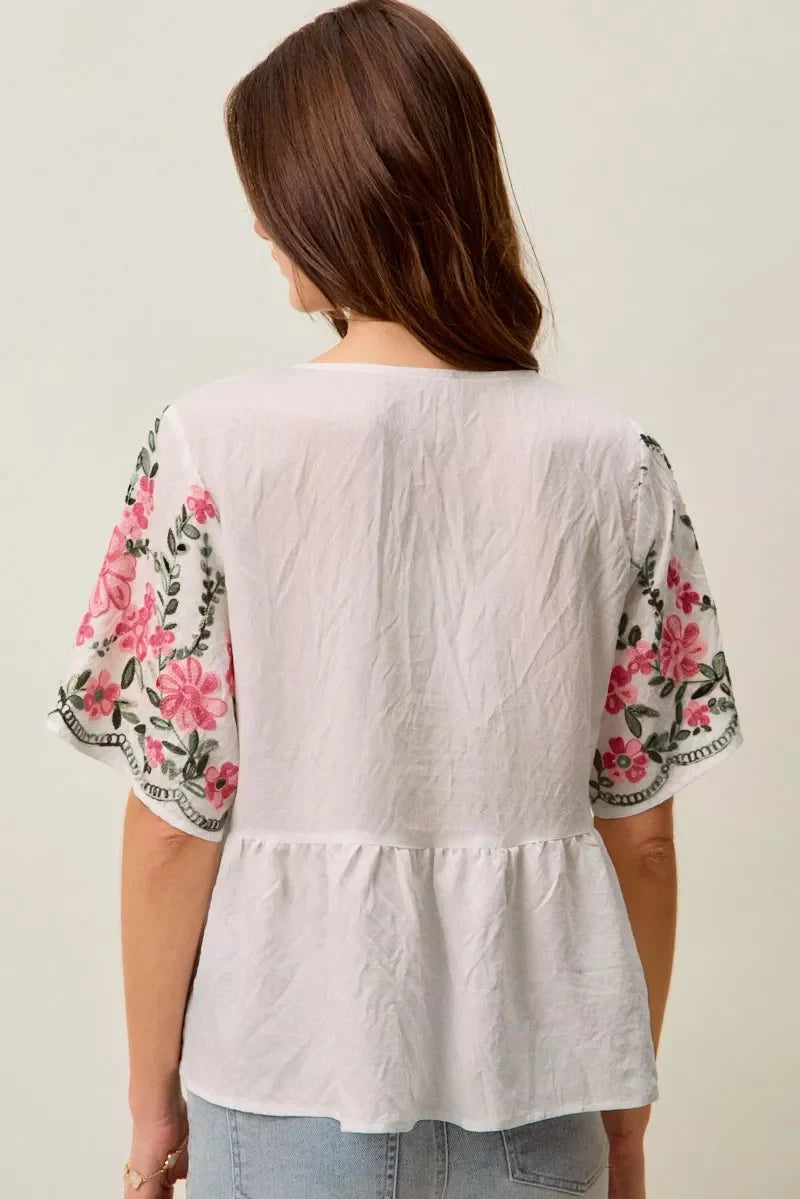SO ME Floral Embroidered V Neck Boho Blouse Top