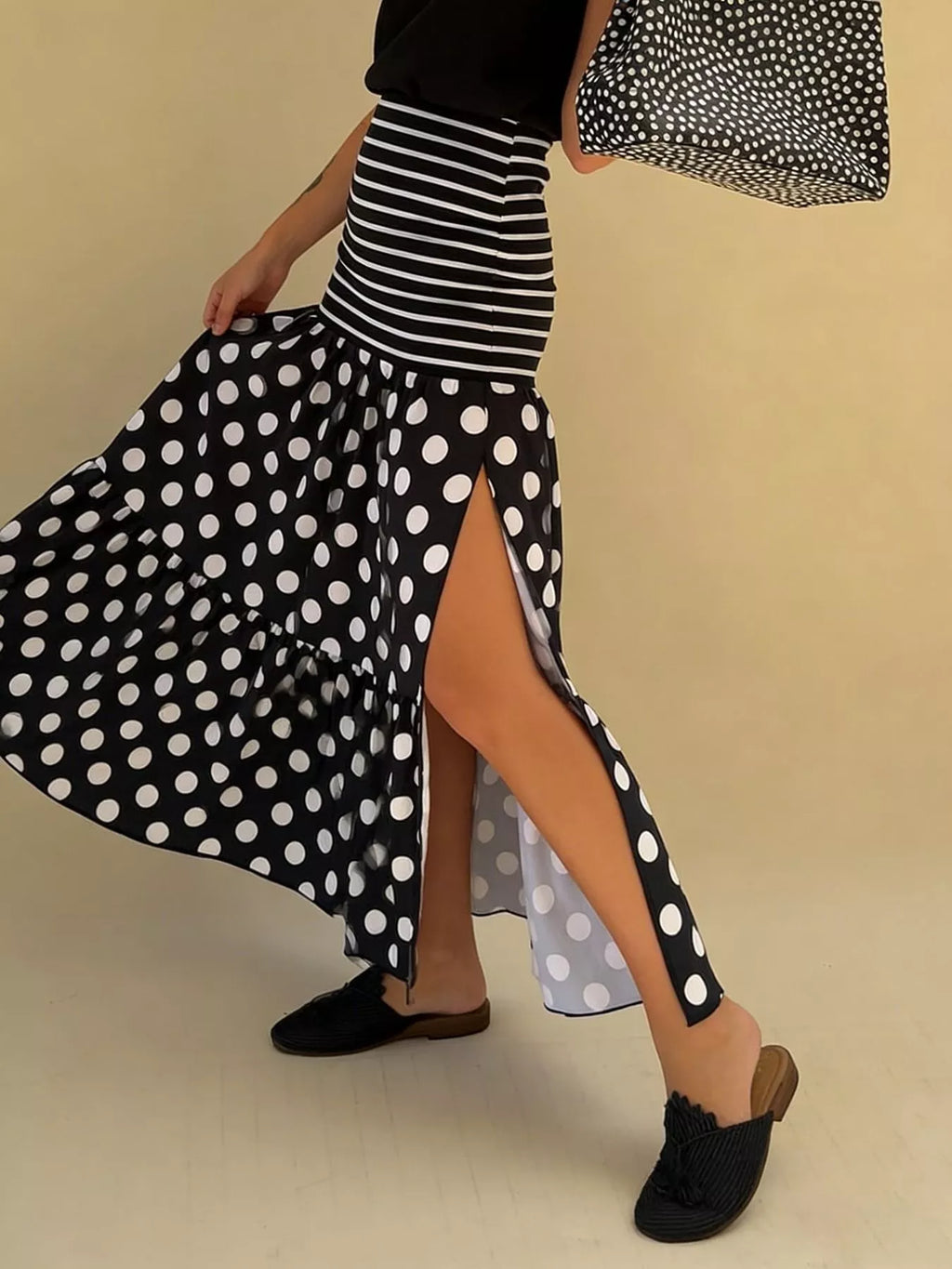 Polka Dot Striped Slit Maxi Skirt