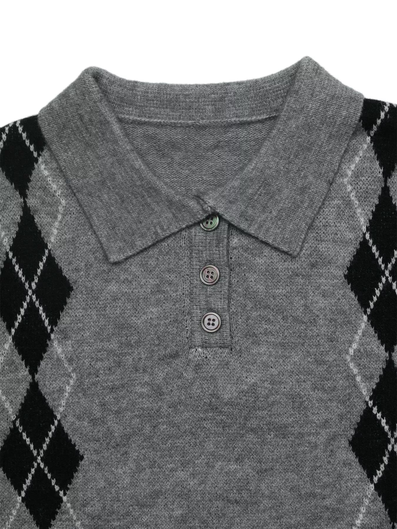 Argyle Patterned Polo Collar Sweater
