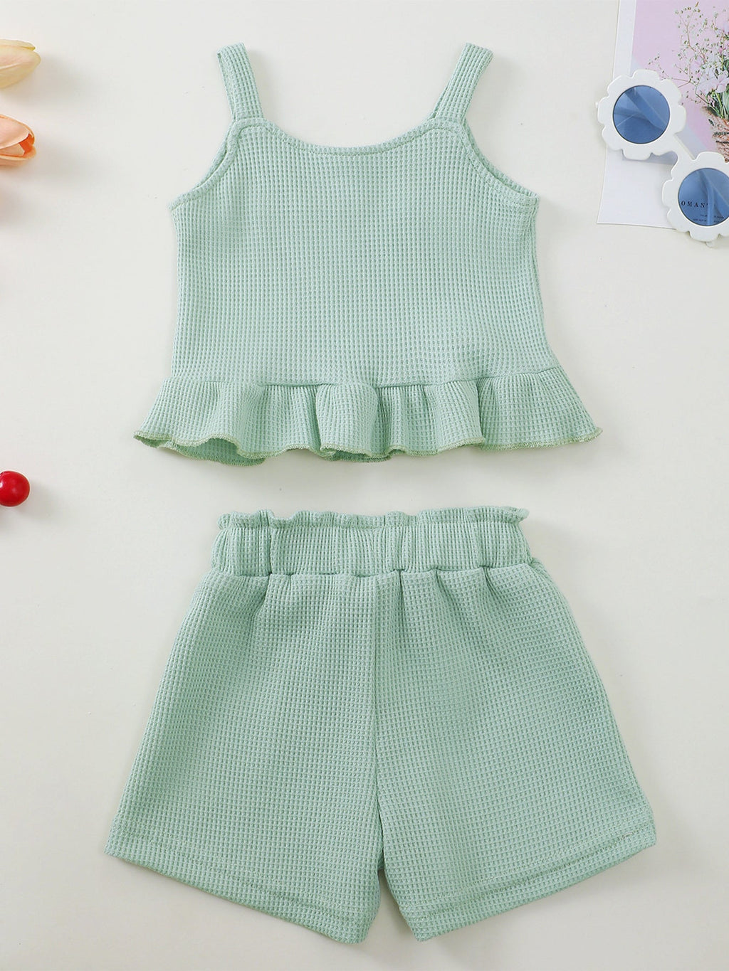 Children's Waffle Knit Tank Top and Bow Shorts Set