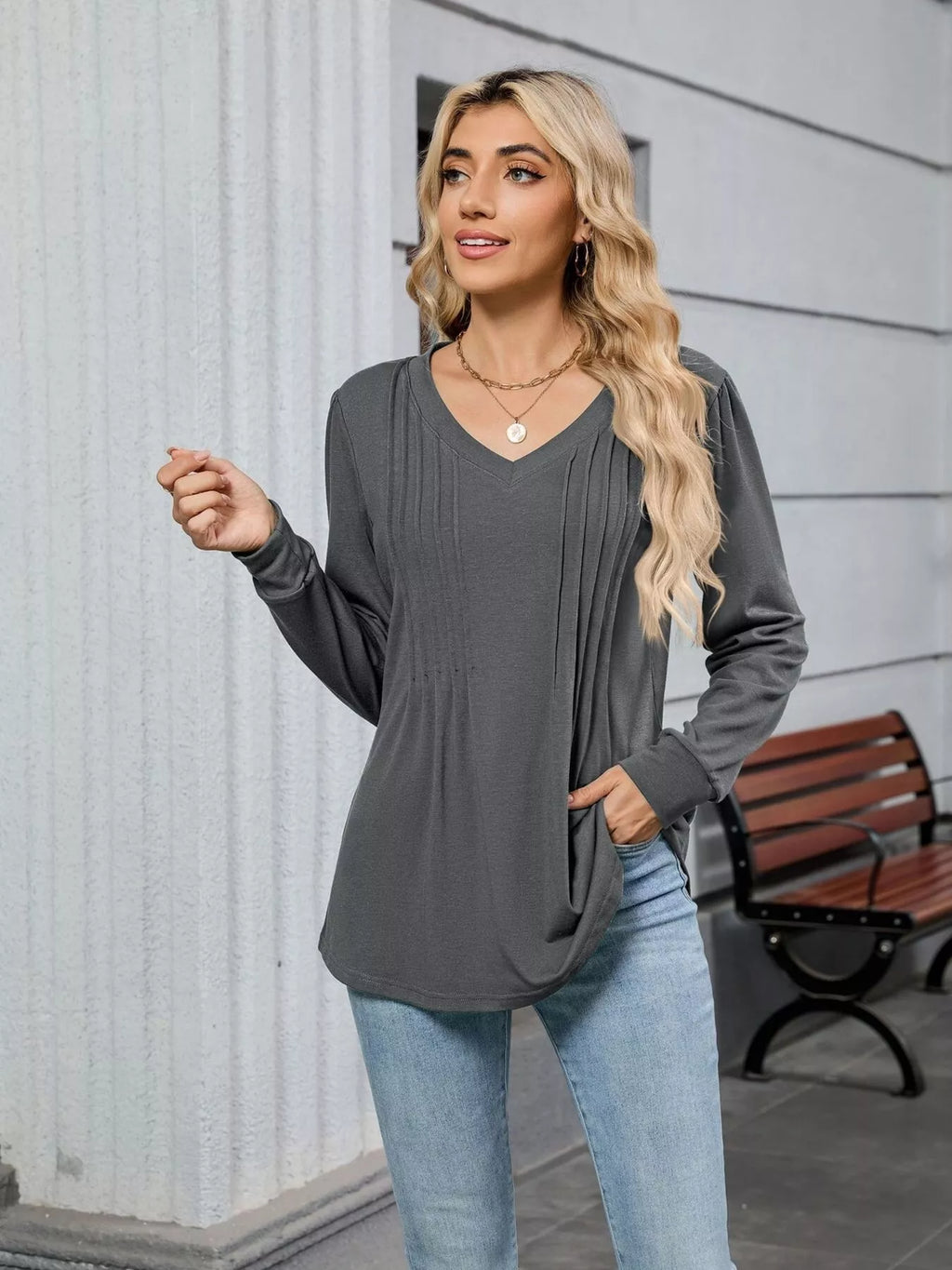 V-Neck Long Sleeve Relaxed Fit T-Shirt