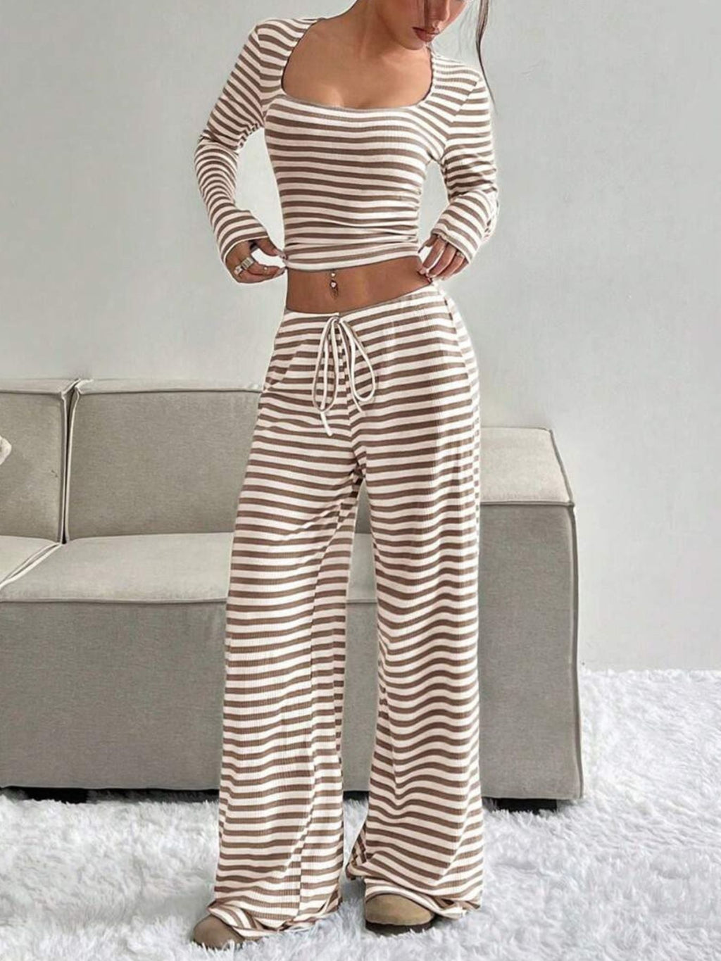 Striped Long Sleeve Crop Top & Wide Leg Pants Set