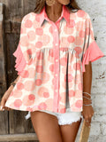 Double Polka Dot Printed Ruffle Trim Short Sleeve Babydoll Shirt