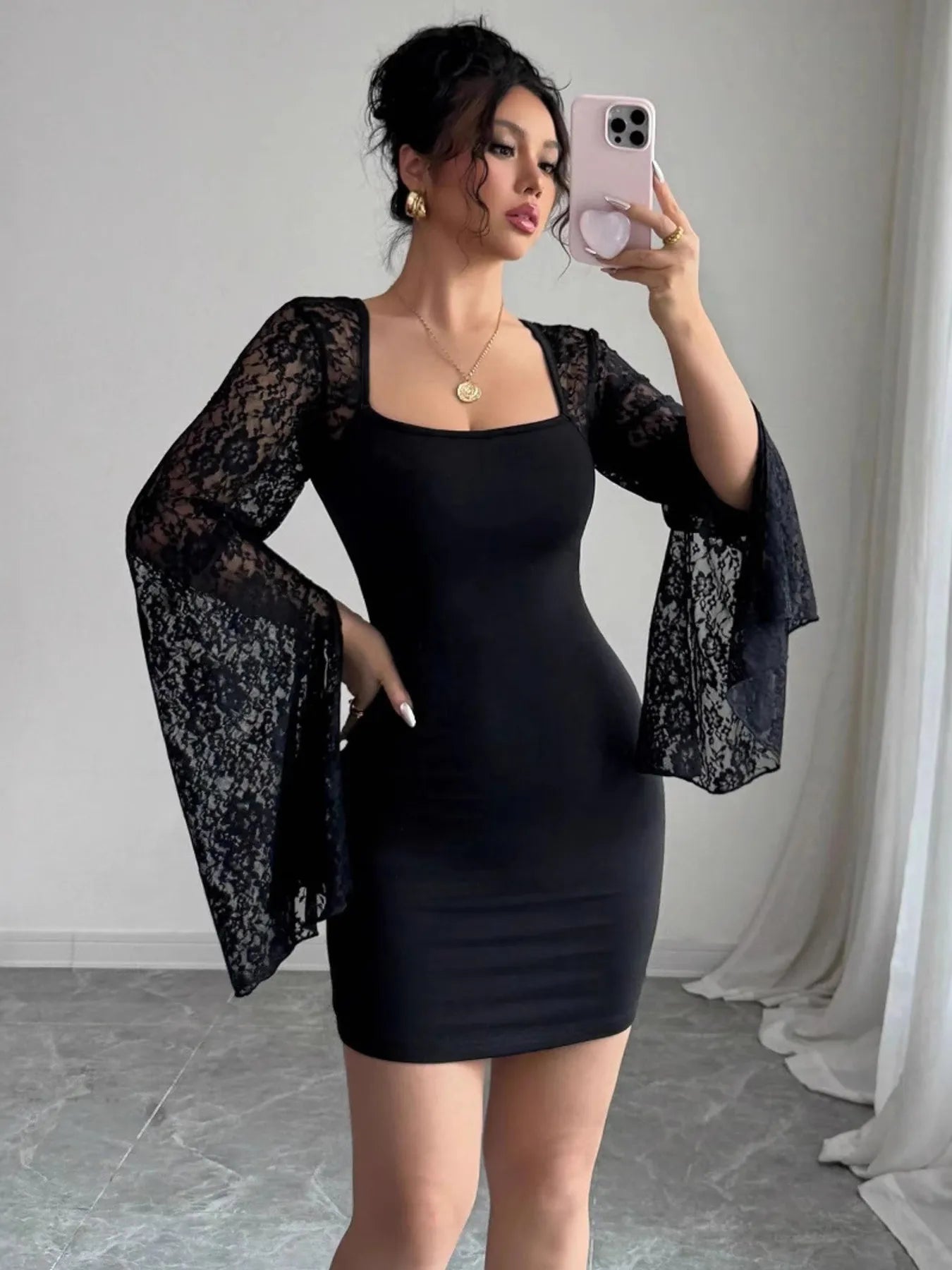 Square Neck Lace Bell Sleeve Bodycon Dress