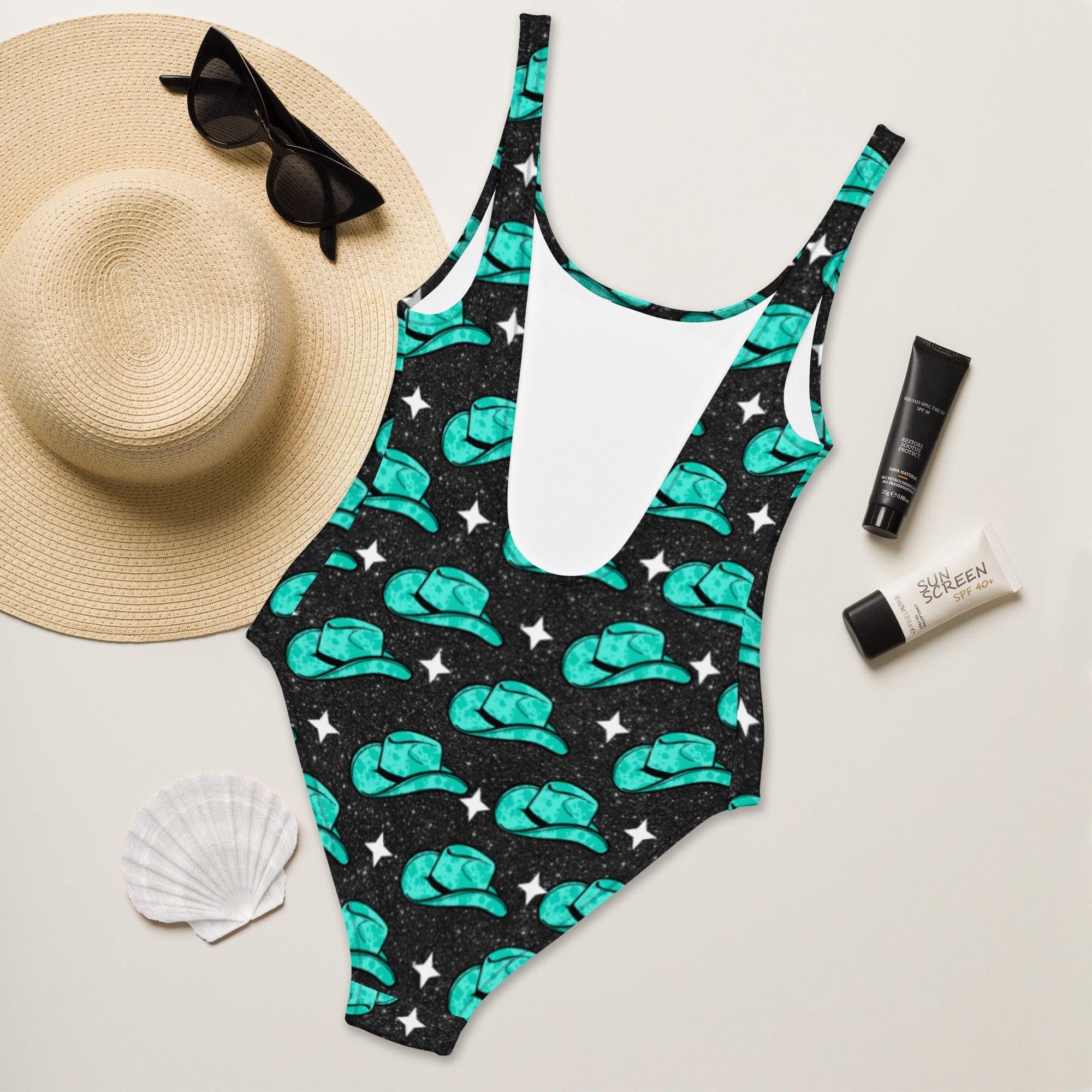 Baha Ranch Yeehaw Turquoise Hat One-Piece Swimsuit