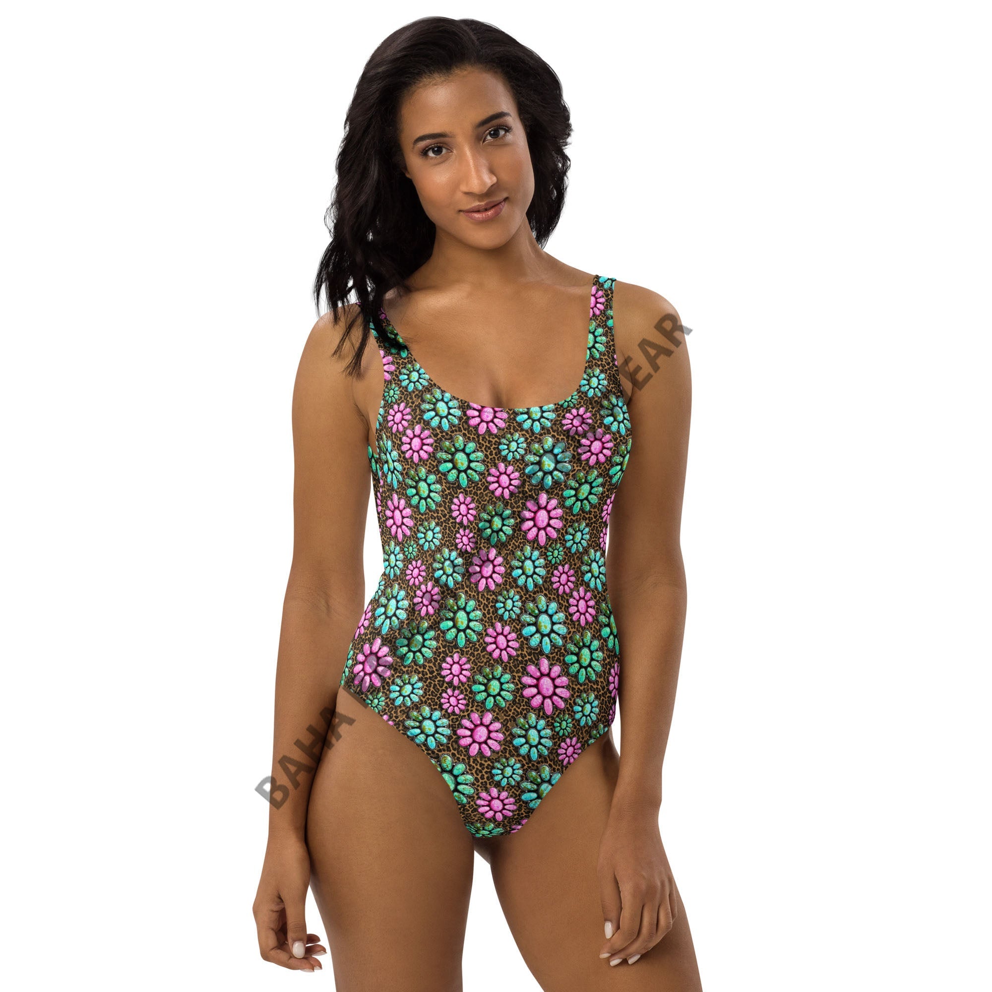 Baha Ranch Yeehaw Pink Turquoise Cowgirl One-Piece Swimsuit