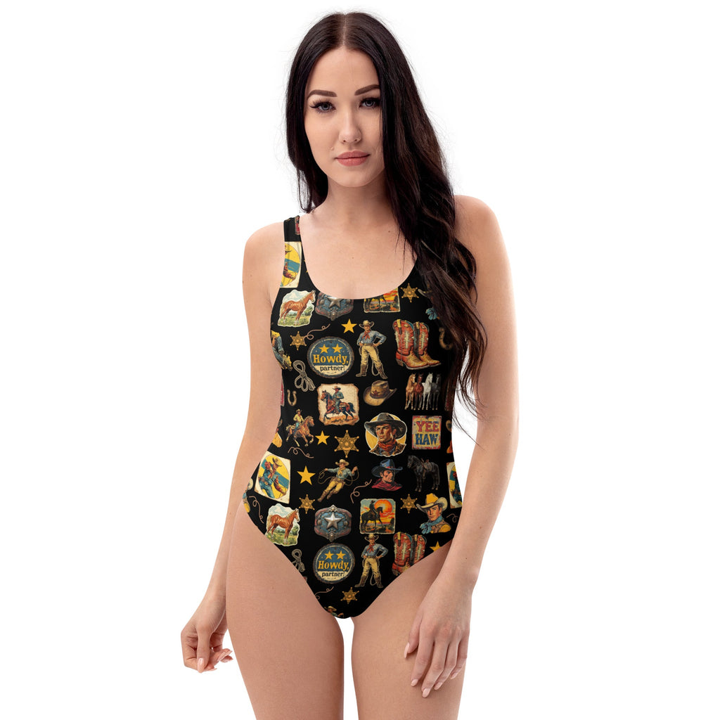 Baha Ranch Yeehaw Vintage Cowboy Collage Western One-Piece Swimsuit