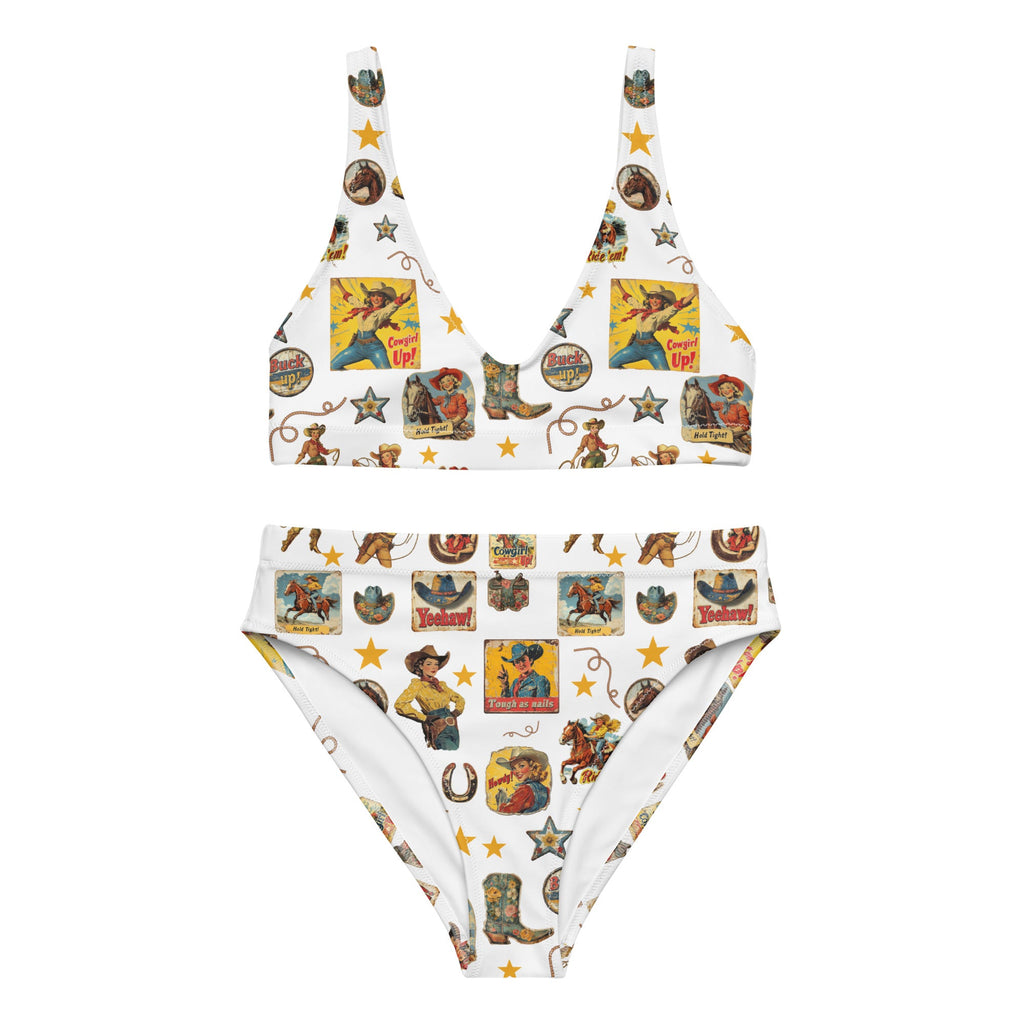 Baha Ranch Yeehaw Vintage Cowgirl Collage White Bikini