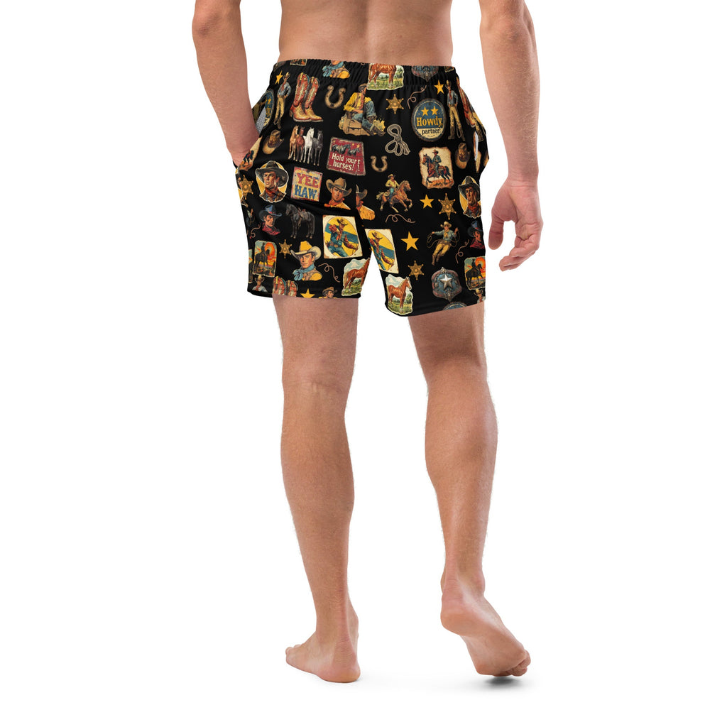 Baha Ranch YEEHAW Vintage Cowboy Collage Western Swim Trunks Shorts