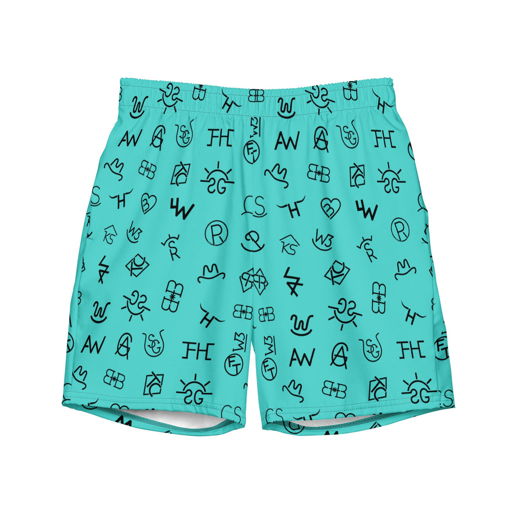 Baha Ranch Yeehaw Turquoise Cattle Brands Men's Swim Trunks