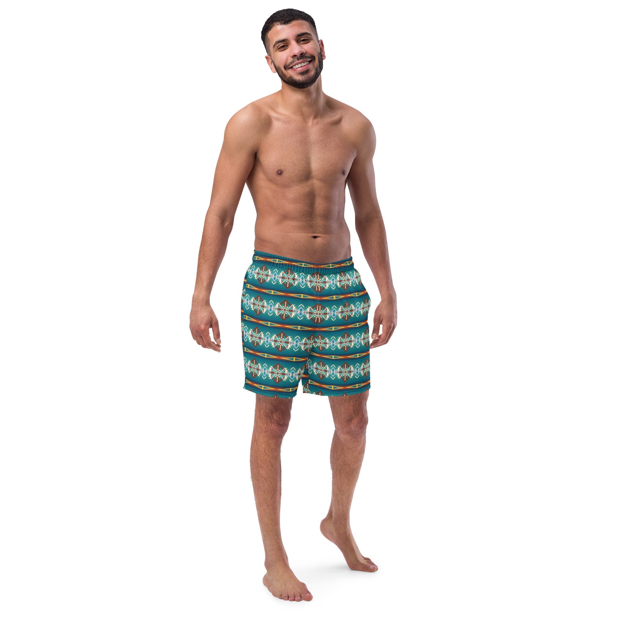 Baha Ranch Yeehaw Teal Aztec Blanket Print Mens Swim Shorts