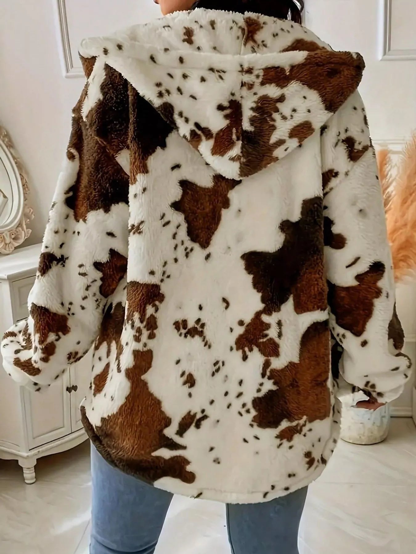 Cow Print Plush Hooded Outerwear
