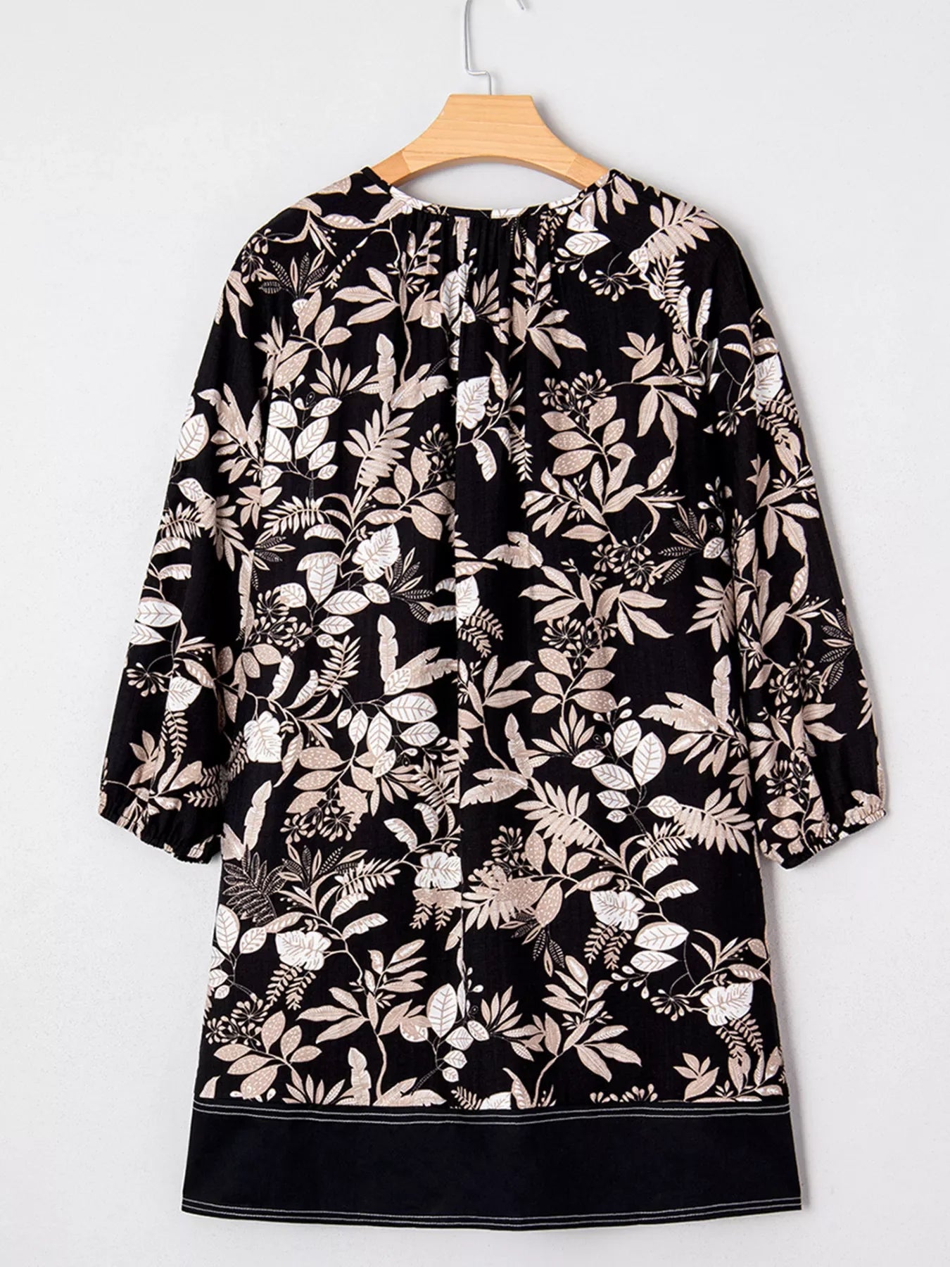 3/4 Sleeve Botanical Print Split Neck Loose Mini Dress