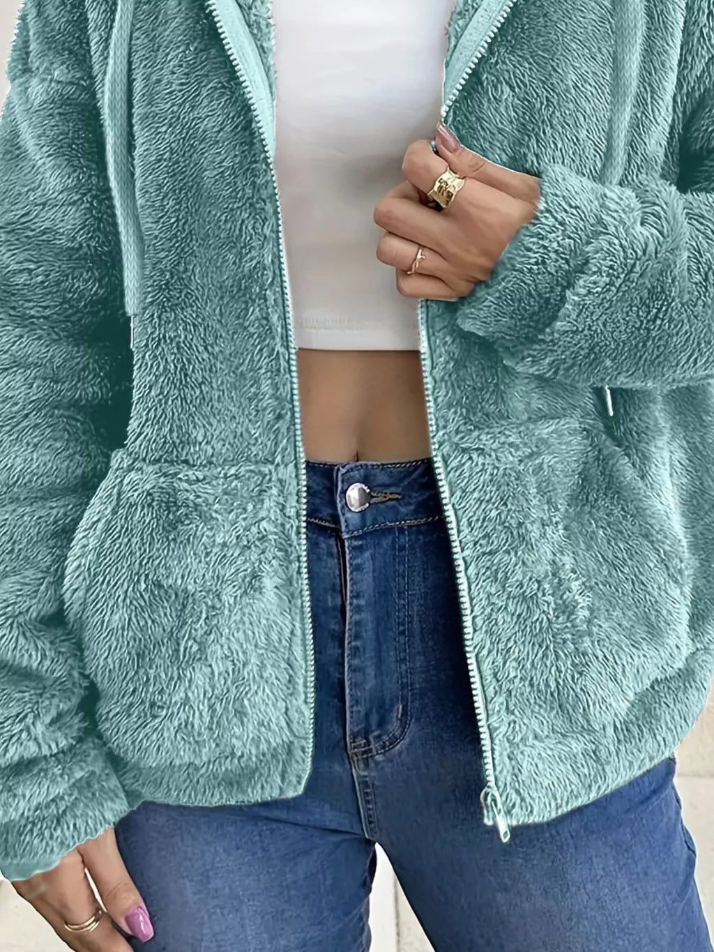 Drawstring Fleece Zip-Up Outerwear