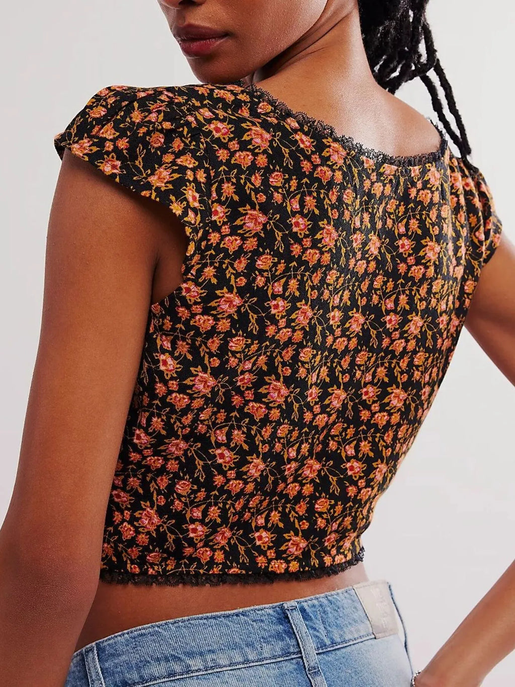 Floral Print Cap Sleeve Cropped Top