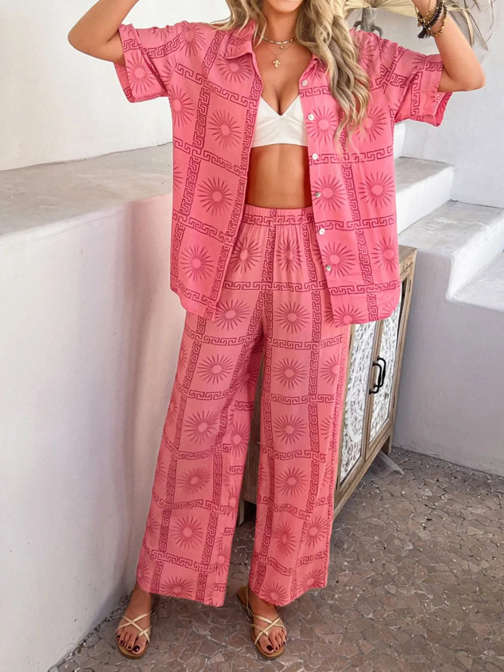 Devine Printed Button Down Shirt and Pants Set