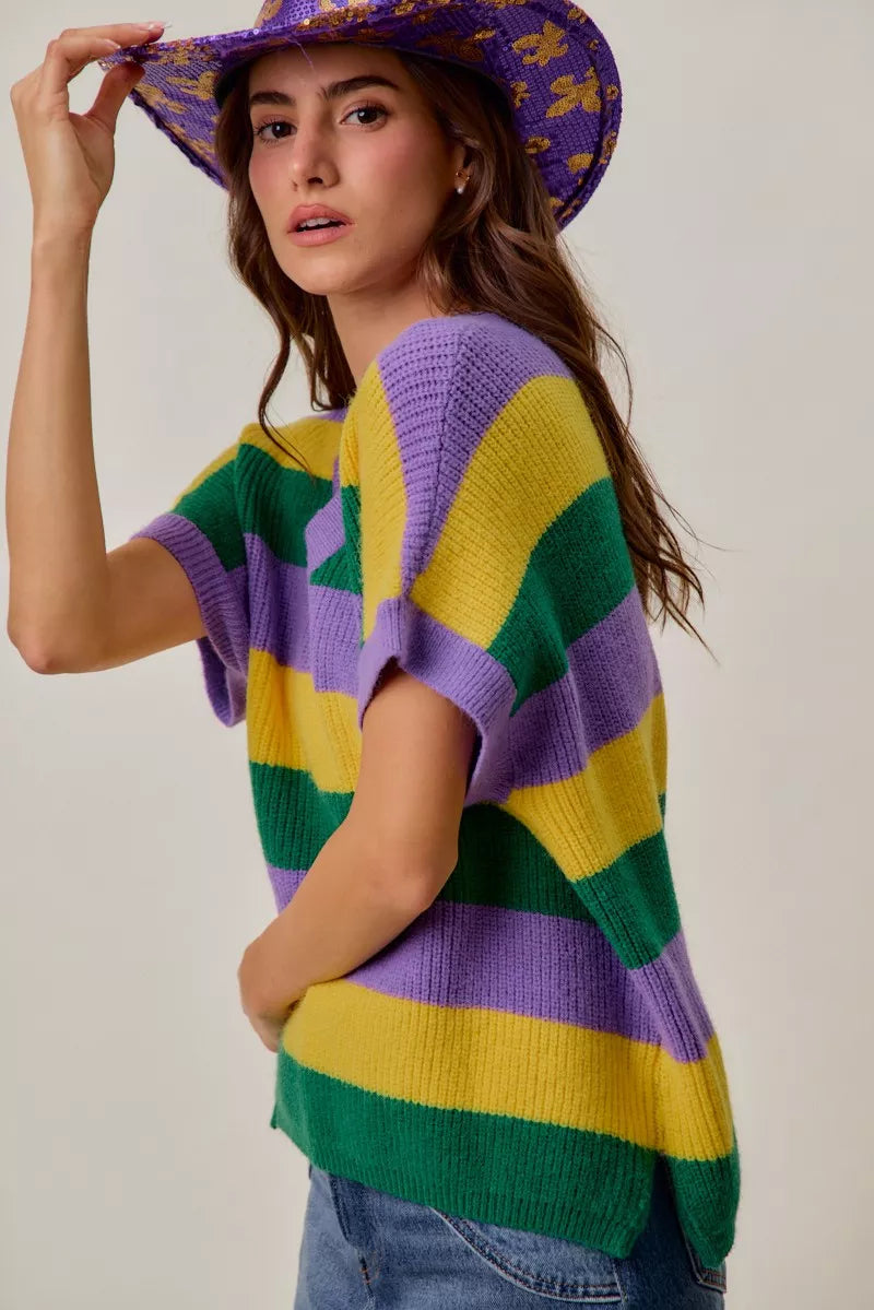 SO ME Mardi Gras Loose Fit V Neck Stripe Sweater Top