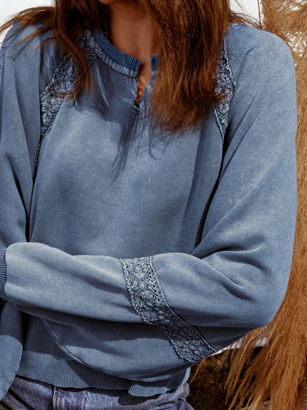 Lace Patchwork Detail Notched Neck Mineral Wash Baggy Sweatshirt