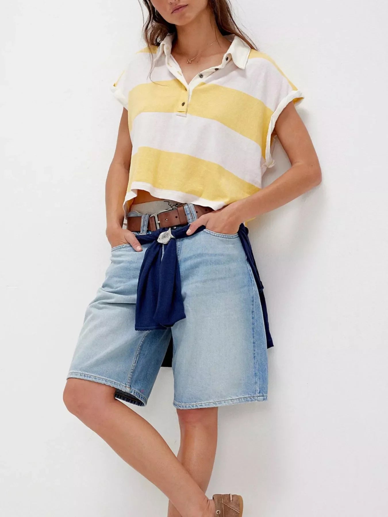 Half Button Striped Short Sleeve Cropped Polo Shirt