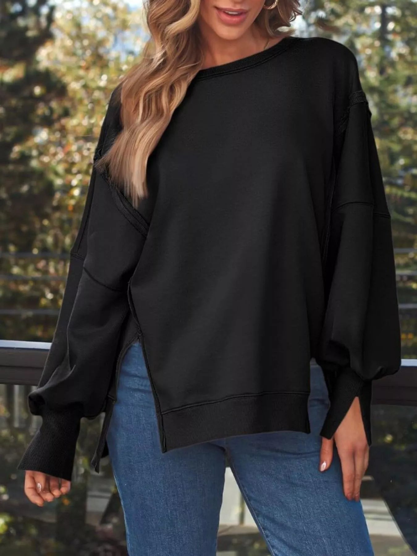 Side Slit Long Sleeve Oversized Sweatshirt