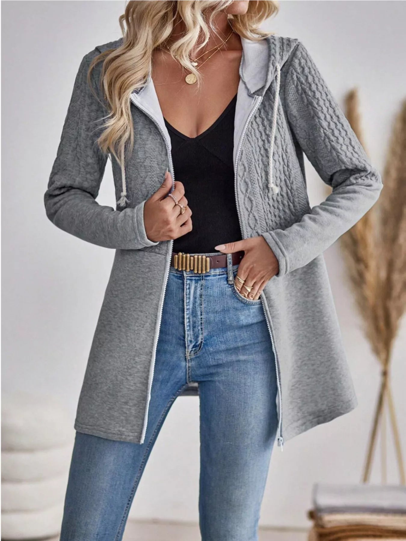 Drawstring Textured Zip Up Drawstring Hooded Jacket