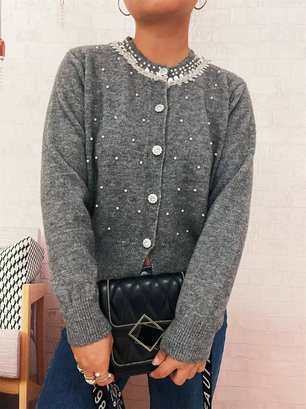 Pearl Detail Button-Front Cardigan