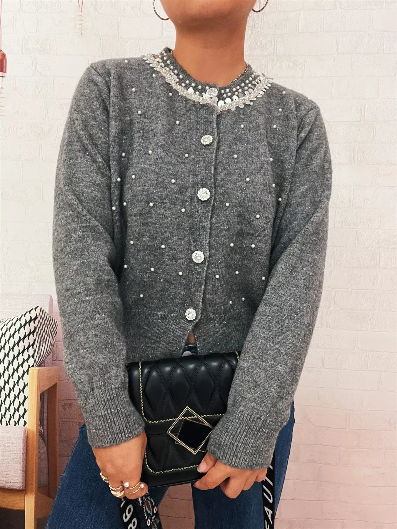 Pearl Detail Button-Front Cardigan