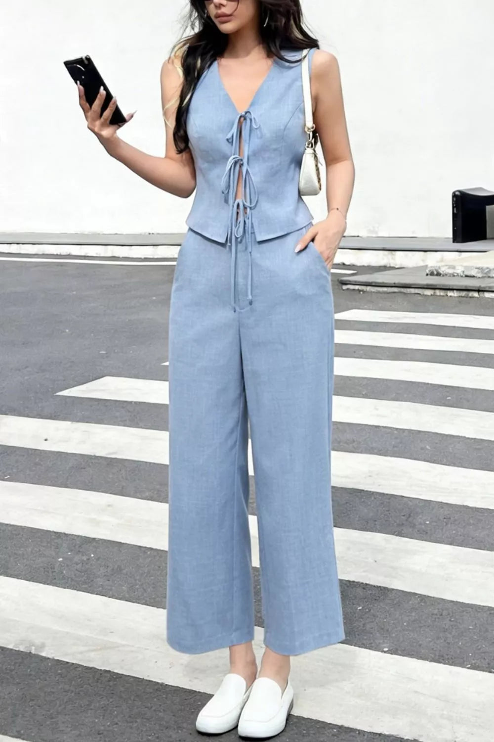 Tie Front Vest and Wide Leg Pants Set