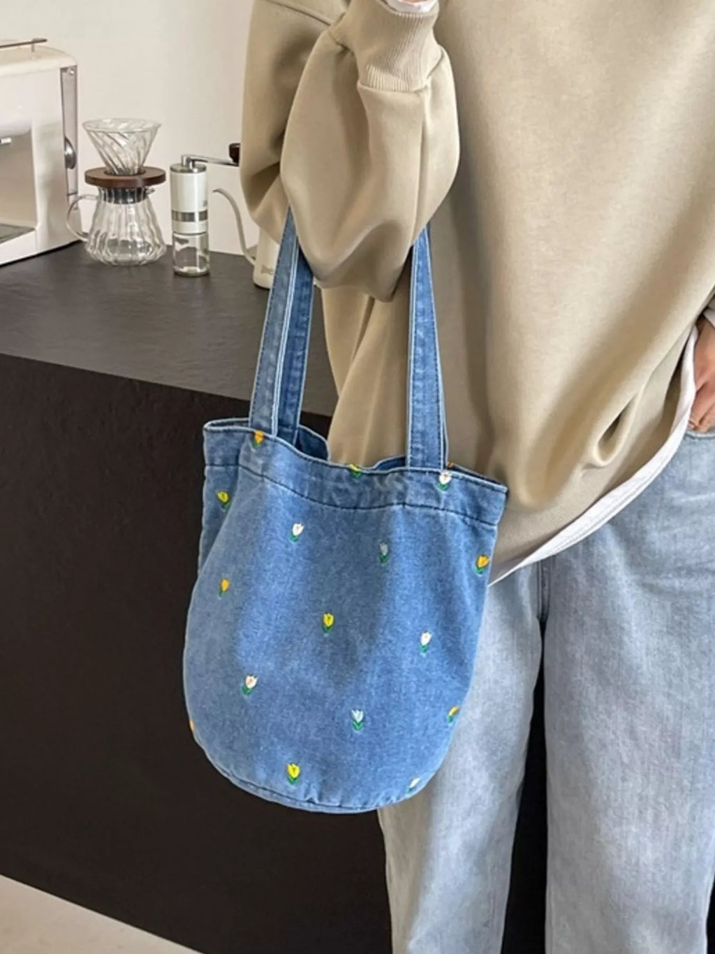 Floral Embroidered Denim Handbag
