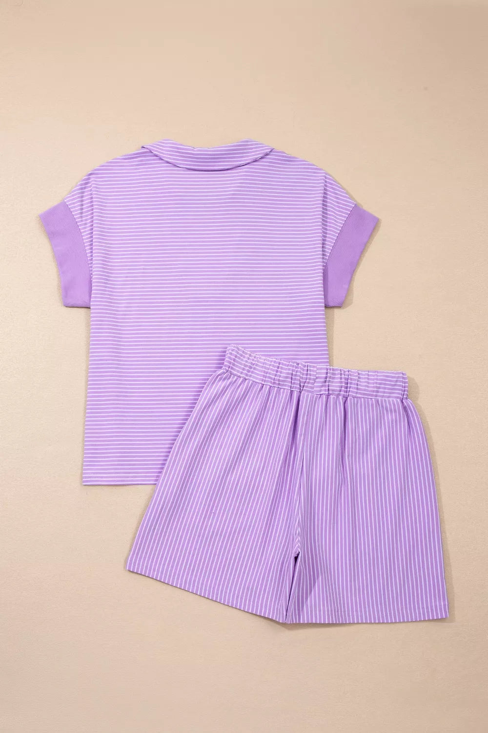 Stripe Dolman Sleeve Polo Shirt and Drawstring Shorts Set
