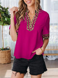 Leopard Patchwork Trim Split Neck Short Sleeve Blouse