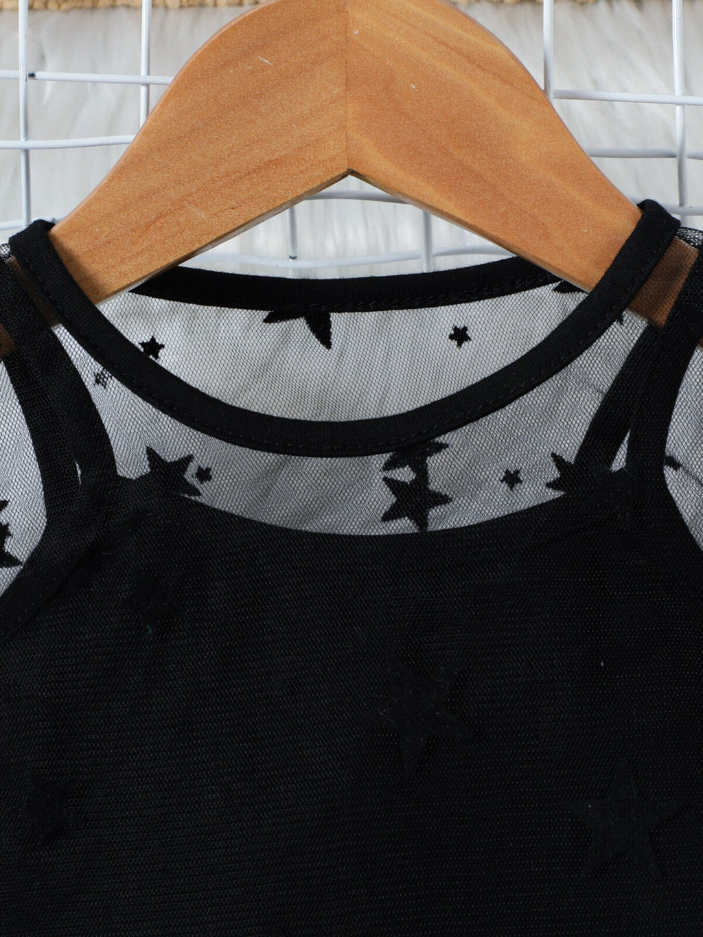 Children's Cami & Star Print Mesh Top & Ruffle Denim Skirt Set