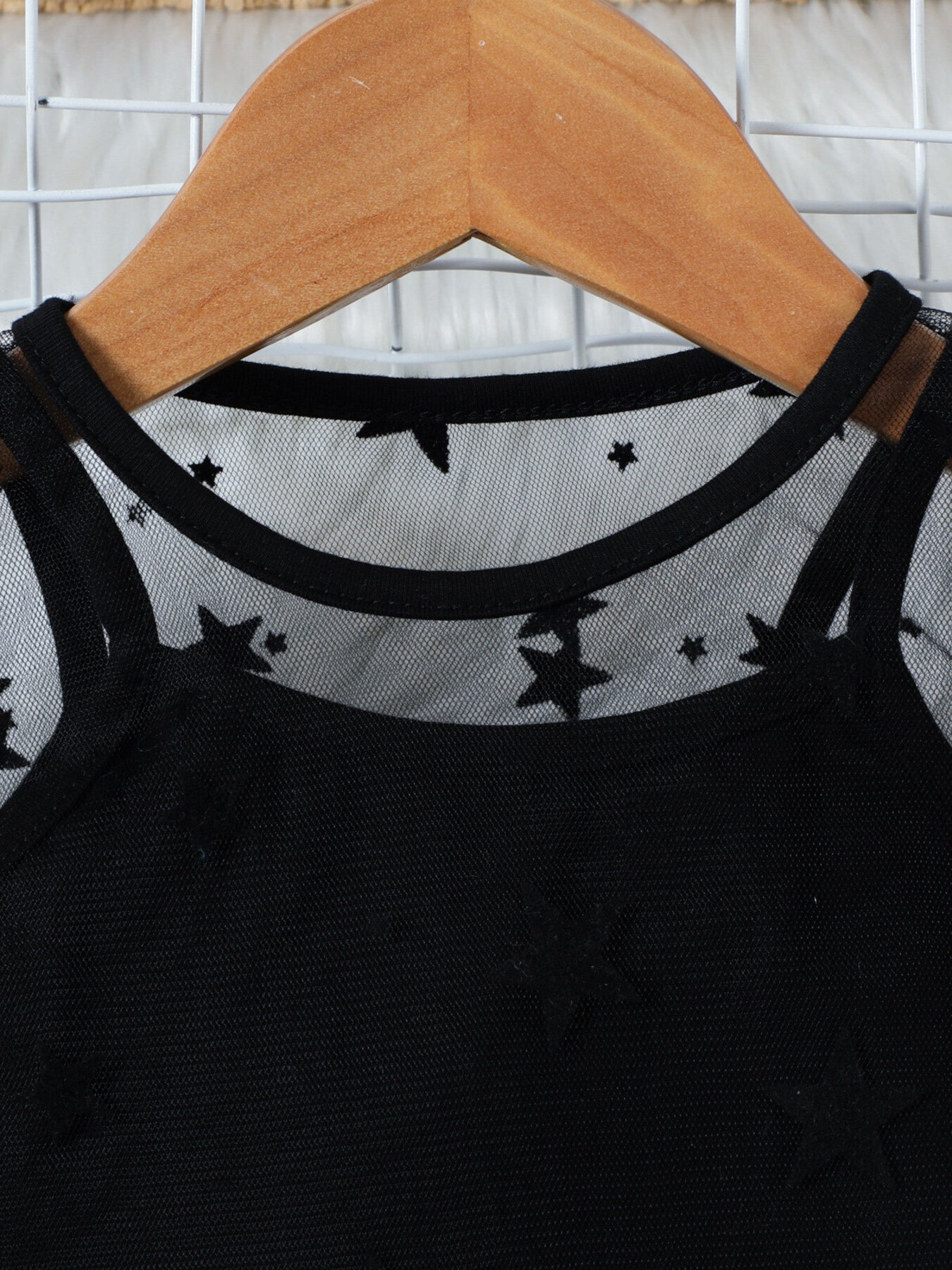 Children's Cami & Star Print Mesh Top & Ruffle Denim Skirt Set