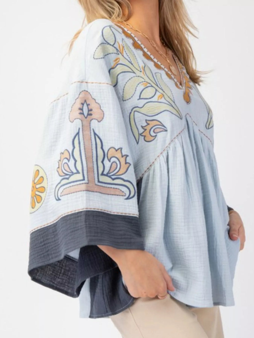 Printed V-Neck Top with Contrast Trim Details